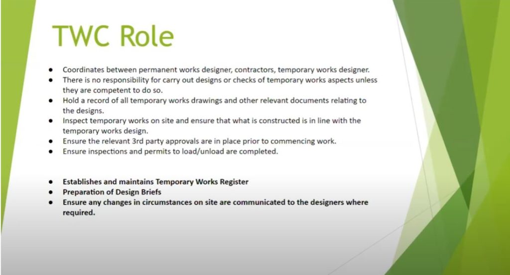 Definition and outline of the TWC role within the temporary works procedures of BS5975