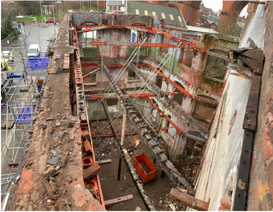 The Wheelhouse in Stockport with the facade restraint scheme in place and visible from above