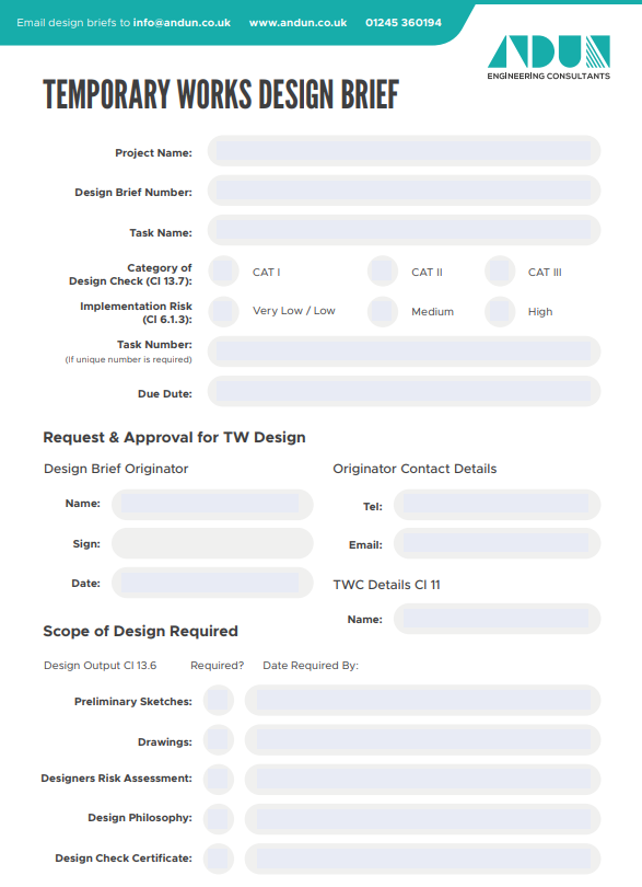 Sample of the Temporary Works Design Brief Template showing the relevant fields